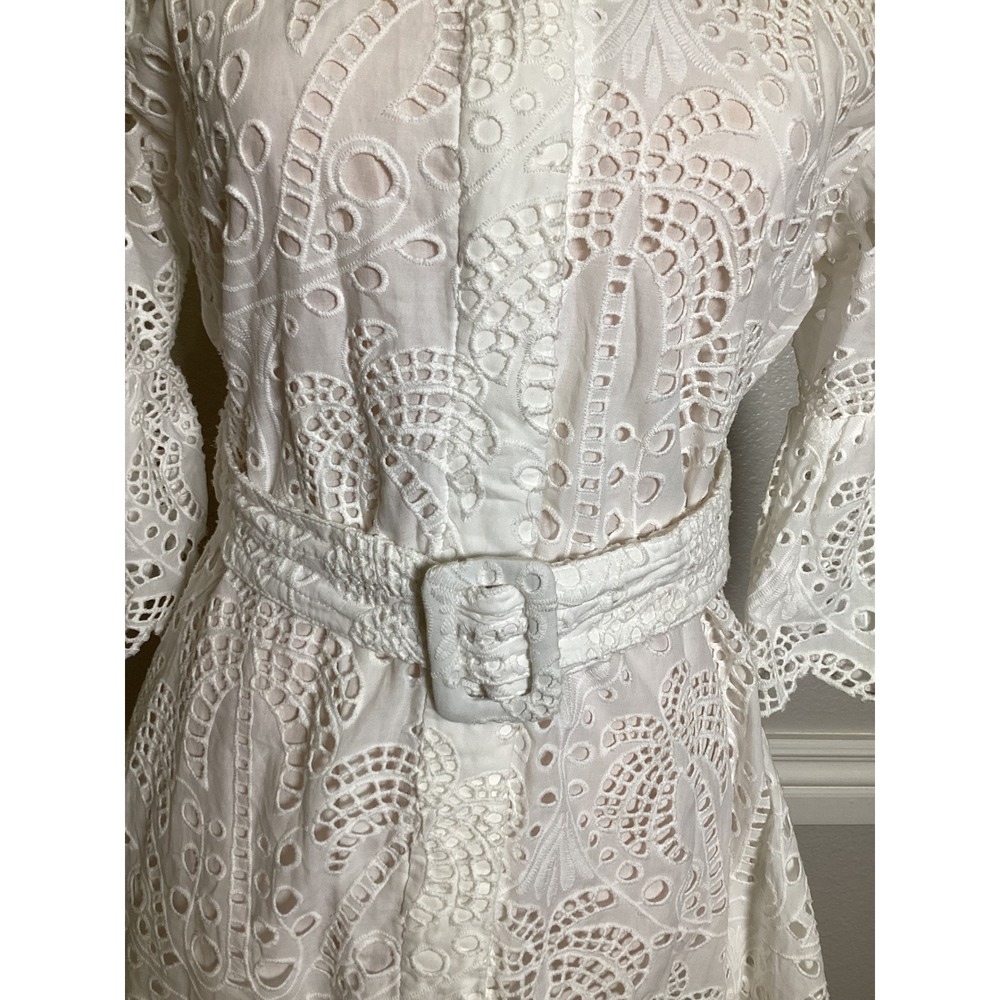 Farm Rio White Richelieu Eyelet Belted Mini Dress XS Embroidered Boho Ruffle - Picture 8 of 12